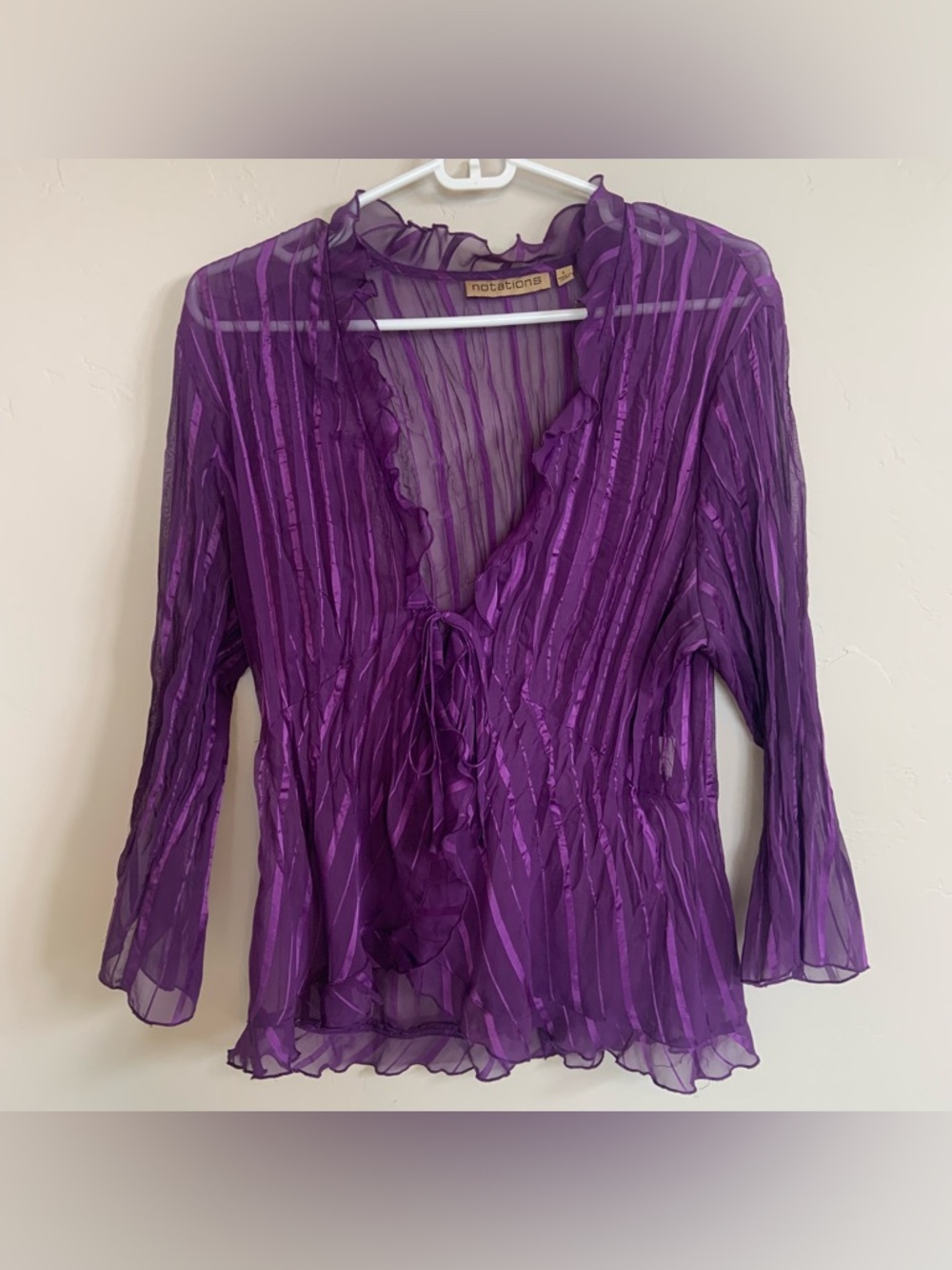 Y2K Whimsigoth Tie Front Purple Ruffle 3/4 Sleeve V Neck Women Sz L Vintage Top